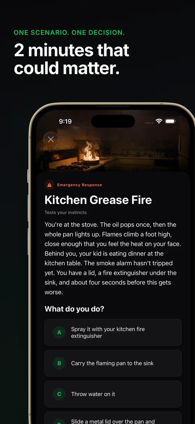 Kitchen grease fire scenario with multiple choice decisions