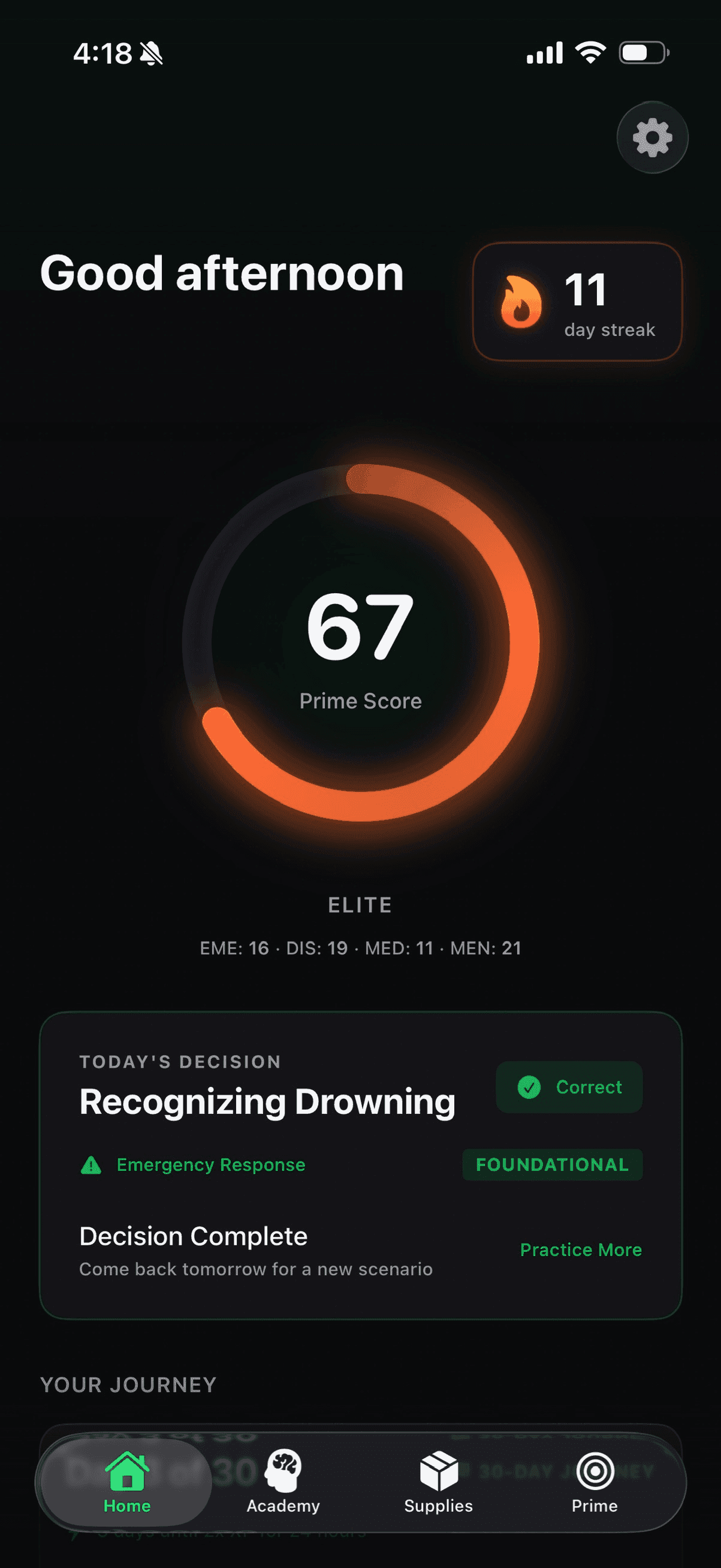 Primed emergency preparedness app — Prime Score readiness gauge, daily survival scenarios, and streak tracking on iOS
